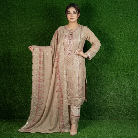 151. Jorjet Sequence EMB Stitched 03 Pcs, Biscuit 2