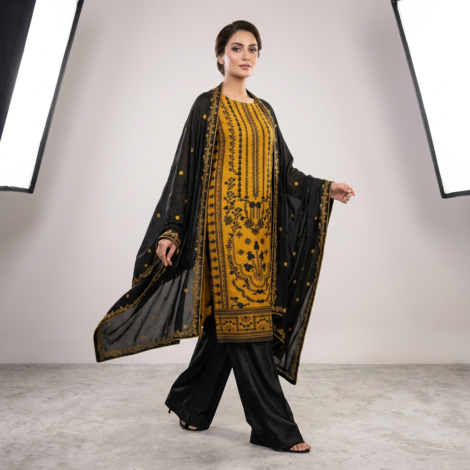 230. Kashmiri Luxary Jorjet Embroidary Secquence Work 03 Pcs, Masterd Yellow